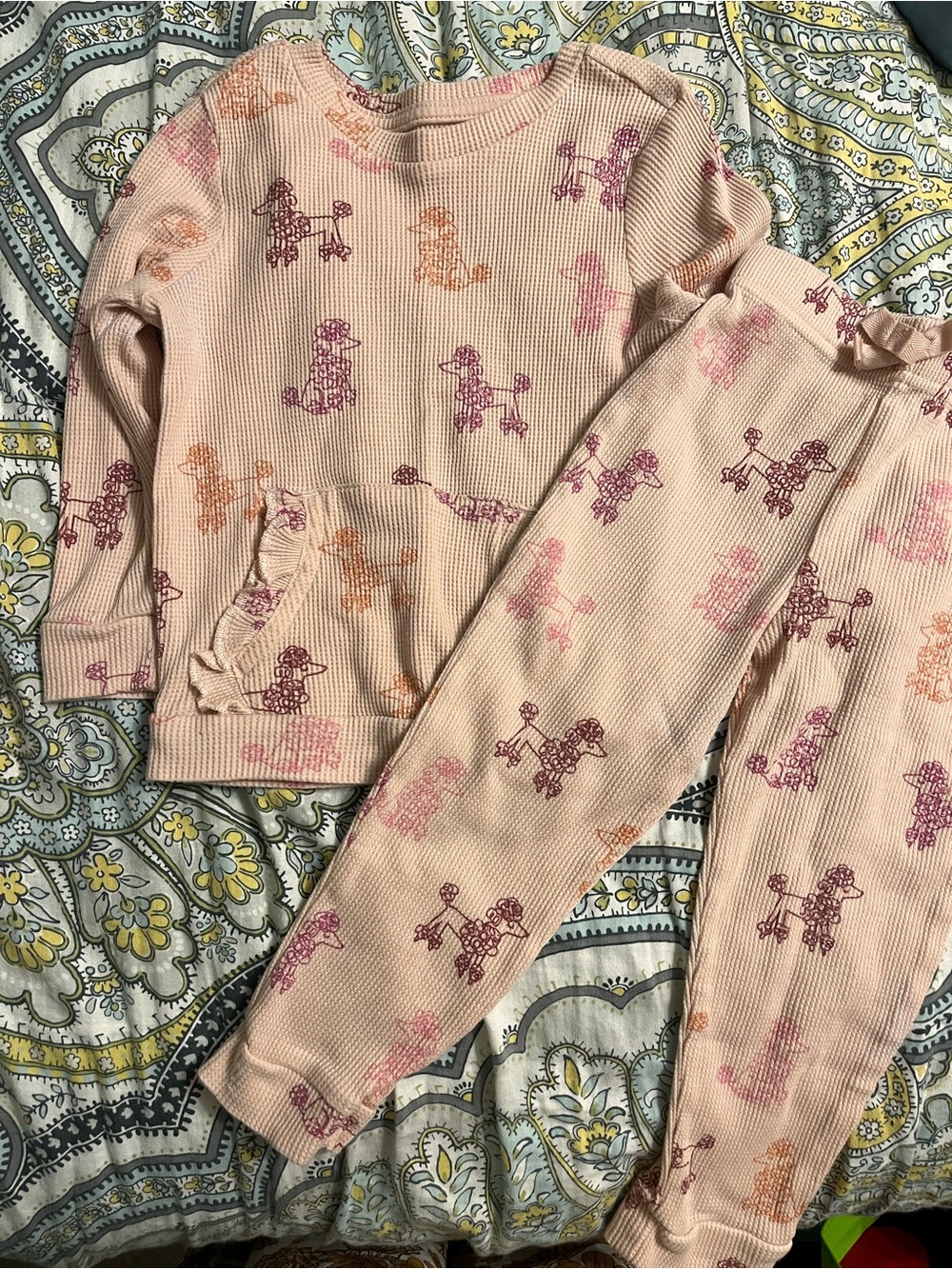 Kids Pink Ribbed Set with Poodle Print